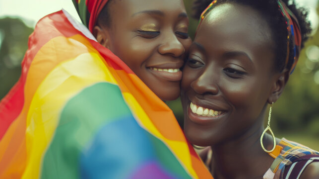 Portrait of a couple of women with an LGBT flag fluttering in the wind. Cheerful women spending time together outdoors. Concept of orientation, freedom.