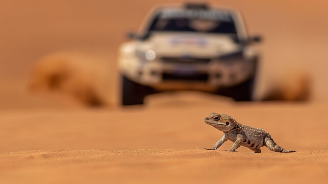 Close up de um pequeno lagarto nas areias de um deserto com um carro de corrida vindo ao fundo