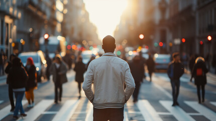 Um homem de costas na faixa de pedestre de uma rua movimentada de uma grande cidade