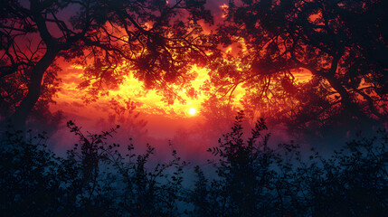 Fototapeta premium A nature thicket during sunset, the sky ablaze with colors, and the dense branches casting long shadows