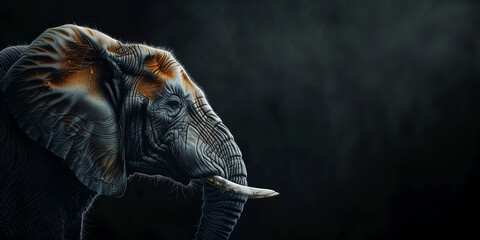  photorealism, wildlife animal African elephant portrait, National Animal, side view profile, cinematic, dark background