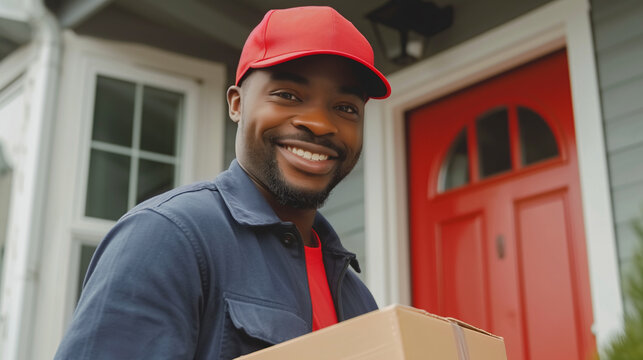 Retrato de um homem negro com roupas de trabalho realizando a entrega de uma caixa de papel&atilde;o na porta de uma casa