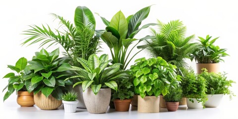 Collection of indoor plants in mixed pots - An array of lush green indoor plants set in a diverse mix of pot textures and materials on a clean white background