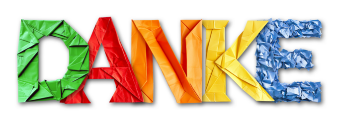Colorful Paper Letters Shaping the Word Danke Isolated on White and PNG Transparent Background