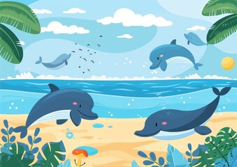Obraz premium Beach and ocean background presentation design illustration cartoon simple for kids
