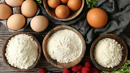   Eggs, flour, and raspberries are spread out on a black cloth-covered table