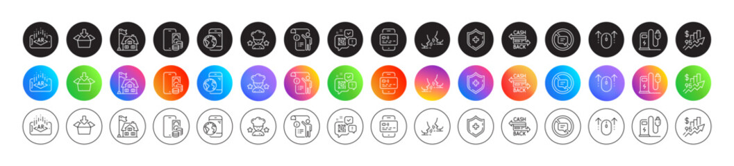 Augmented reality, Cashback card and Medical shield line icons. Round icon gradient buttons. Pack of Swipe up, Card, Talk icon. Stop talking, Phone pay, Charging station pictogram. Vector