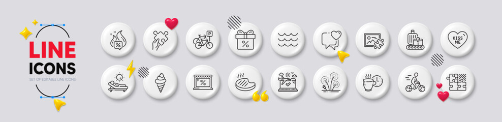 Puzzle image, Heart and Cyclist line icons. White buttons 3d icons. Pack of Baggage belt, Puzzle, Grilled steak icon. Bicycle parking, Market, Ice cream pictogram. Vector