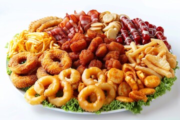 Platter of assorted fried snacks including onion rings, chicken wings, and fries, showcasing a delicious and indulgent appetizer spread