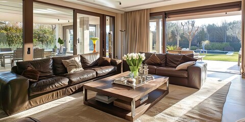 Fototapeta premium A spacious and bright interior villa living room where sunlight pours in through large floor-to-ceiling Windows 