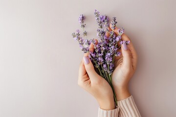 Hands Holding Lavender Sprigs on White Background, Nature and Wellness Concept, Minimalist Floral Display, Copyspace for Text