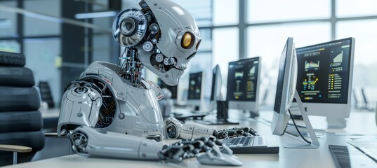 Fototapeta premium Cheerful customer service robot at work on computer in blurred office setting with copy space