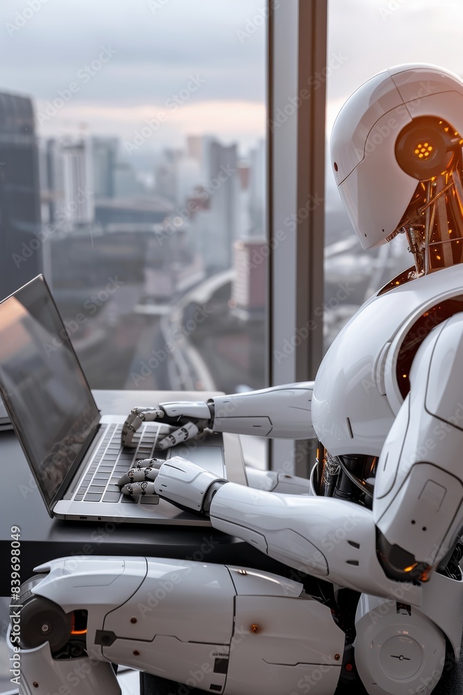 Aufkleber cheerful customer service robot working on computer in blurred office, space for text