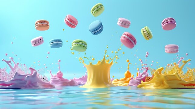   A cluster of macaronis and cheeses tumbling into a body of water against a blue sky backdrop