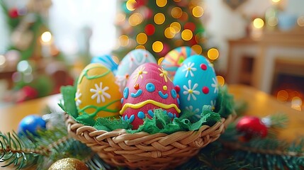  A basket of colorfully decorated eggs sits atop a table beside a Christmas tree illuminated with lights
