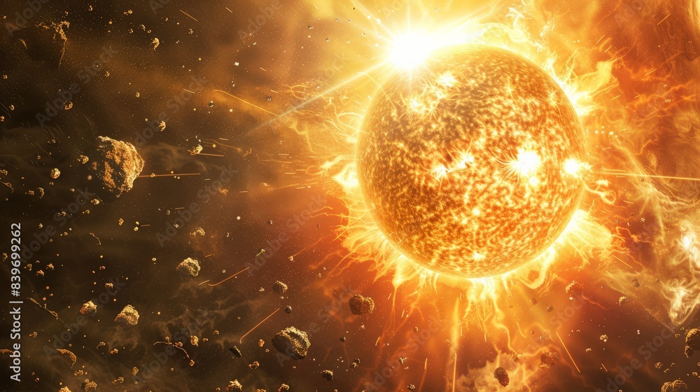 Poster vivid depiction of the sun with solar flares and asteroids surrounding it. captures the intensity an