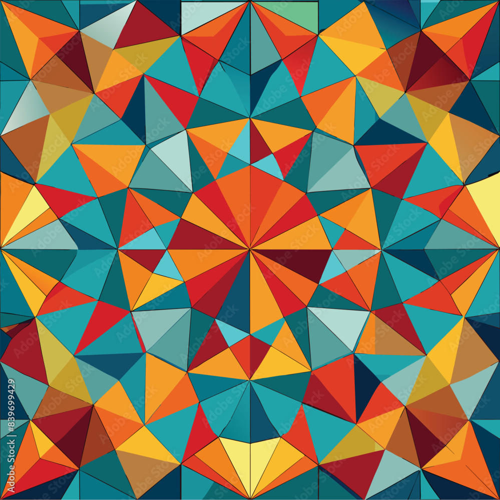 Wall mural vibrant geometric kaleidoscope pattern with triangular shapes in warm and cool colors