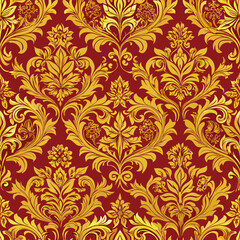 Luxurious Gold Damask Floral Pattern on Rich Red Background