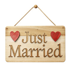 Rustic Wooden Just Married Sign with Red Hearts, Wedding Decoration, cut out isolated PNG transparent