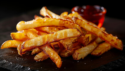 French fries with ketchup. Crispy and golden food photography