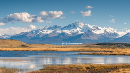 The majestic Patagonian Andes mountain range with snowcapped peaks, the iconic tower in the background, a serene lake and vast plains below.