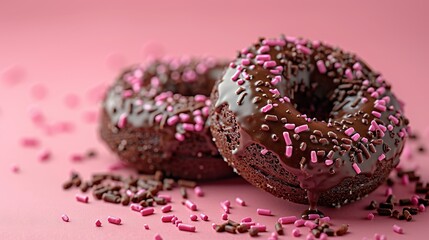   Two pink chocolate donuts on a pink surface, adorned with scattered pink and brown sprinkles