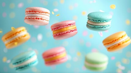 Obraz premium A swarm of macaroons soaring through the sky, adorned with confetti