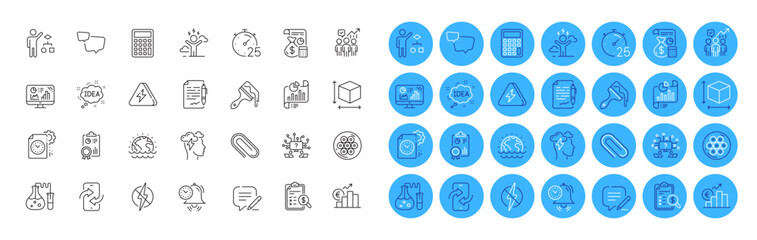 Chemistry lab, Accounting and Teamwork question line icons pack. Project deadline, Disaster, Agreement document web icon. Euro rate, Timer, Speech bubble pictogram. Idea, Algorithm. Vector