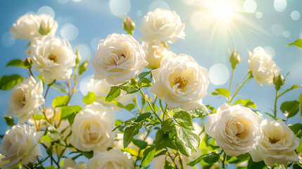 Delicate white roses bloom in sunlight with a radiant blue sky background