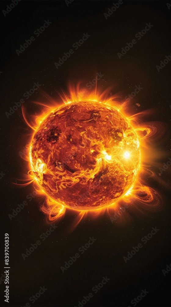 Poster dramatic solar flare with asteroids in the foreground, capturing the intense energy and magnetic sto