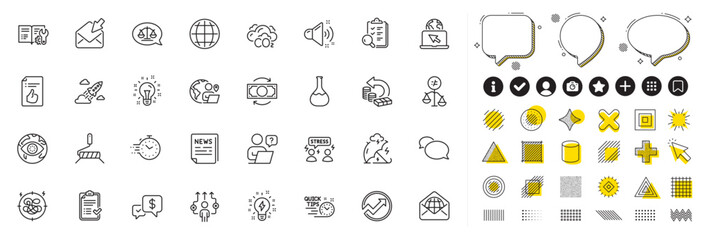 Set of Idea, Inspect and Cash back line icons for web app. Design elements, Social media icons. Loud sound, Business way, Chemistry lab icons. Open mail, Inspiration, Approved checklist signs. Vector
