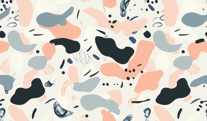 An abstract pattern featuring scattered shapes and lines in pastel colors