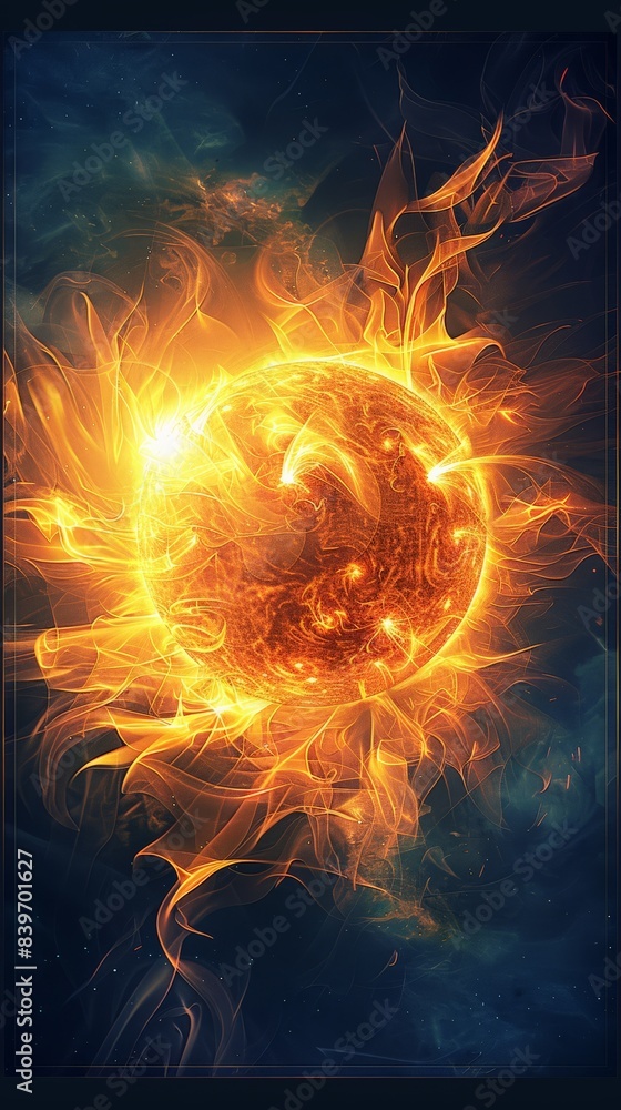 Poster Solar explosion with dynamic flares and magnetic storms on the sun's surface. Capturing the vivid display of solar activity and space weather