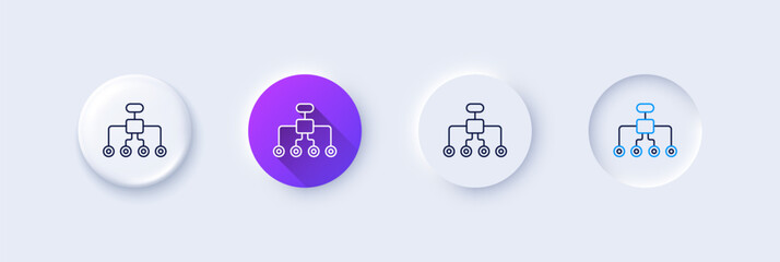 Restructuring line icon. Neumorphic, Purple gradient, 3d pin buttons. Business architecture sign. Delegate symbol. Line icons. Neumorphic buttons with outline signs. Vector