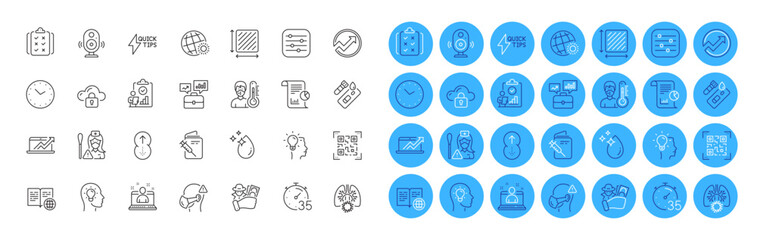 Swipe up, Sales diagram and Inspect line icons pack. Timer, Water drop, Thermometer web icon. World weather, Business portfolio, Speaker pictogram. Fraud, Nurse, Best manager. Qr code. Vector