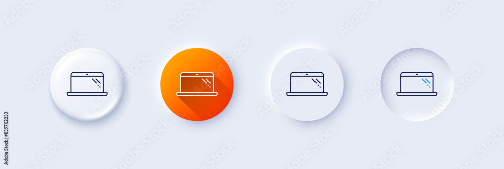 Poster laptop line icon. neumorphic, orange gradient, 3d pin buttons. mobile computer device sign. line ico
