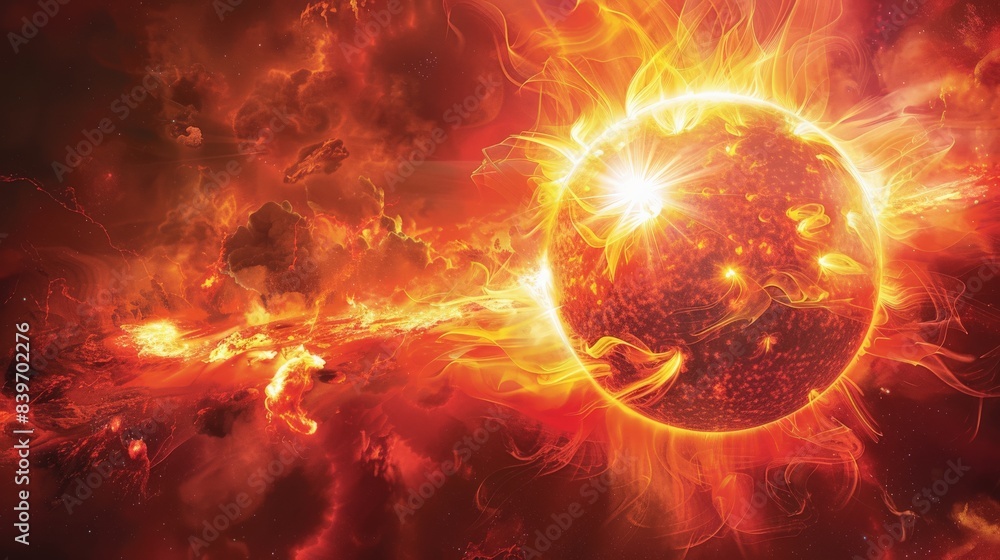 Poster vivid solar flare eruption with intense magnetic storms and plasma arcs on the sun. highlighting the