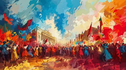 Vibrant Revolutionary Festival with Crowds Celebrating in Colorful Costumes and Banners