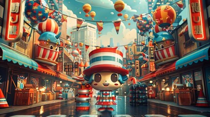 Obraz premium Whimsical Chibi Style Digital Art Depicting Patriotic Independence Day in a Vibrant Intricate Retro Futuristic City Backdrop