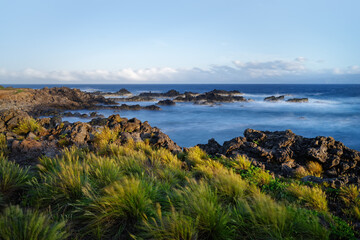 Lonely stretch of coast with stones at evening light, Azores, Corvo island