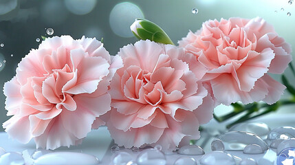   Three pink flowers on a table, with water bubbles surrounding them