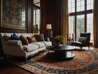 Stunning living room in a grand traditional home with hardwood floors and an ornate rug