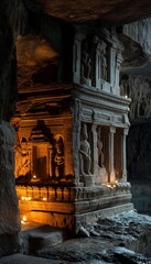 ancient stone, megaliths, dolmens, obelisks, menhirs  At night in Ellora Caves Under the light of the mo_008