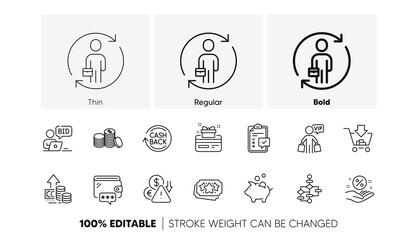 Replacement, Vip shopping and Loyalty points line icons. Pack of Shopping, Loan percent, Online auction icon. Banking money, Loyalty card, Checklist pictogram. Wallet, Deflation, Piggy bank. Vector