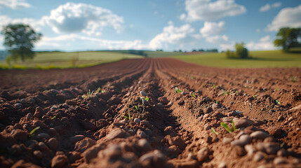 Close-up of a freshly plowed field with emerging crops, set under a bright blue sky with scattered clouds in a rural landscape