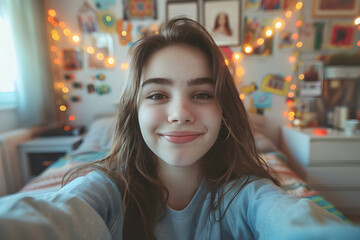 Young girl taking selfie in her room