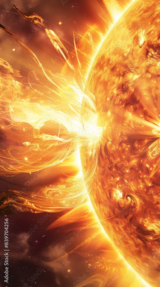 Poster intense solar flare with bright light and magnetic storms erupting on the sun. capturing the sun's d
