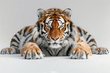 Fototapeta premium Three tiger cubs lying together on a white background, showcasing their playful and adorable nature