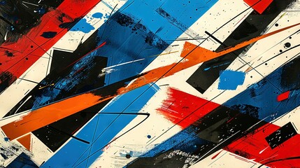   Red, white, blue, and black lines and rectangles on a white canvas