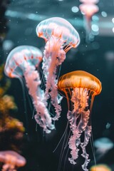 Obraz premium Bioluminescent sea cave surreal underwater jellyfish fantasy, perfect for book covers